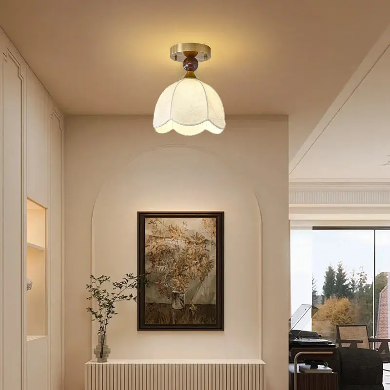 Contemporary Retro Domed Lace Printed Fabric Shade Hardware Wood 1-Light Semi-Flush Mount Ceiling Light For Living Room