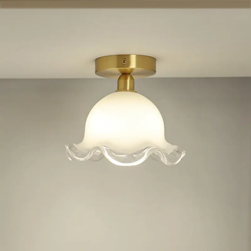 Contemporary Retro Round Cream Flower Full Copper Glass Shade 1-Light Semi-Flush Mount Ceiling Light For Living Room